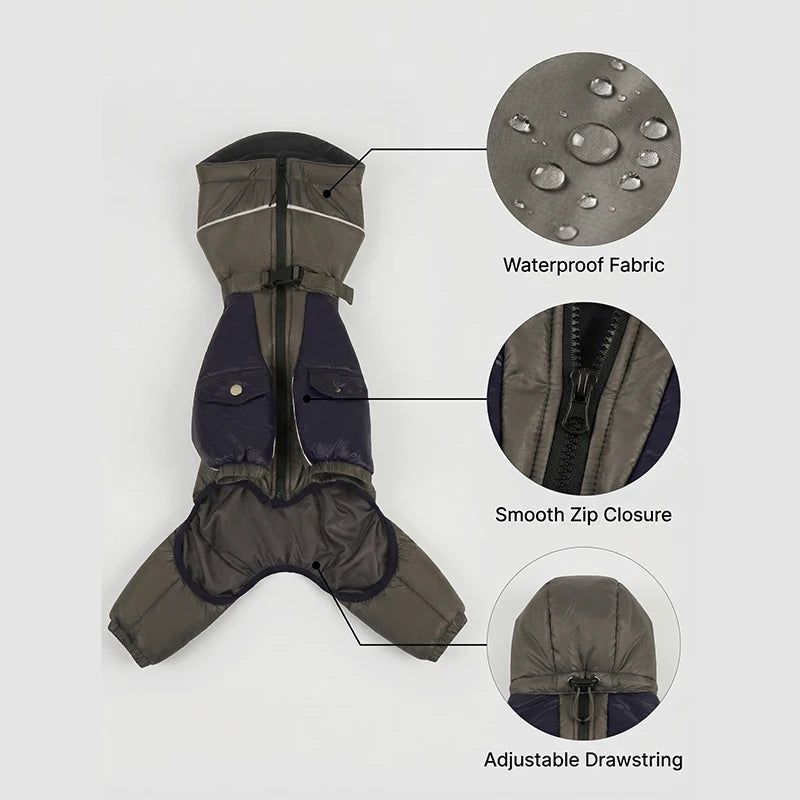Reflective Waterproof Dog Puffer Snowsuit | Full-Body Insulated Winter Coat