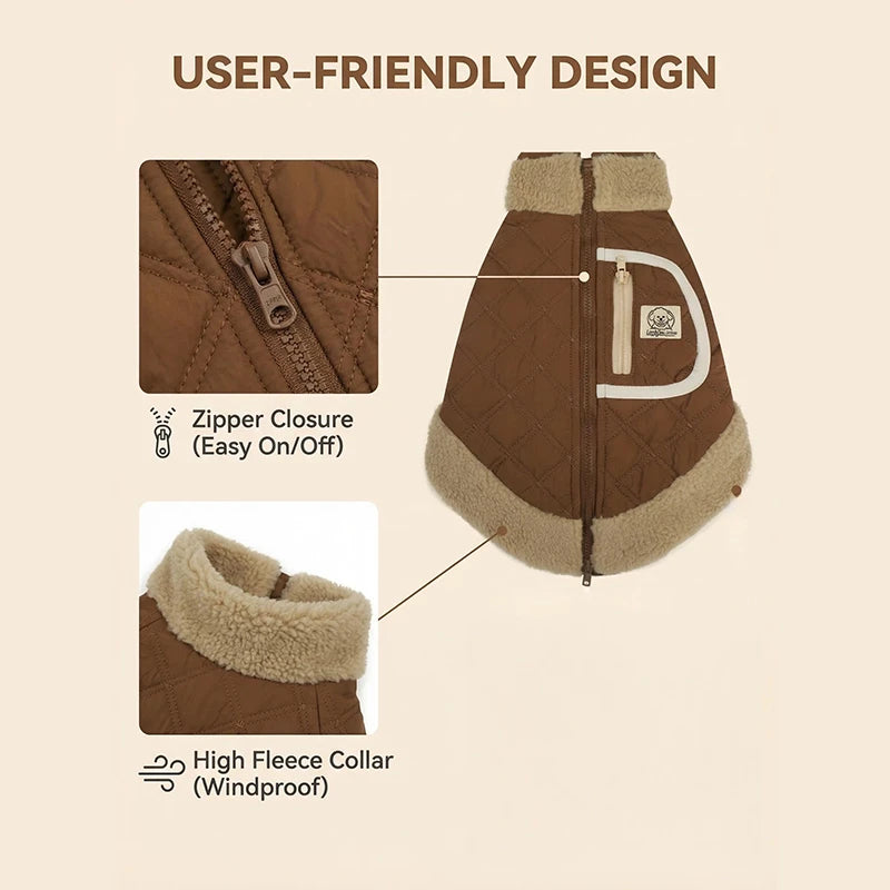 Quilted Dog Jacket with Sherpa Trim | Warm Winter Coat for Dogs
